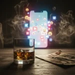 Escena cinematográfica Noir con un vaso de bourbon, una revista Pulp y un smartphone brillando con iconos de redes sociales en una nube de humo digital.