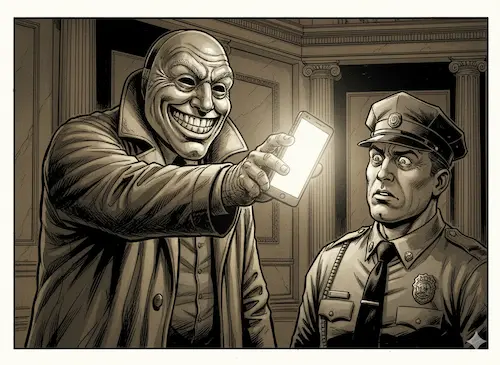 Ilustraci&oacute;n noir de atracadores ancianos con m&aacute;scaras en un banco