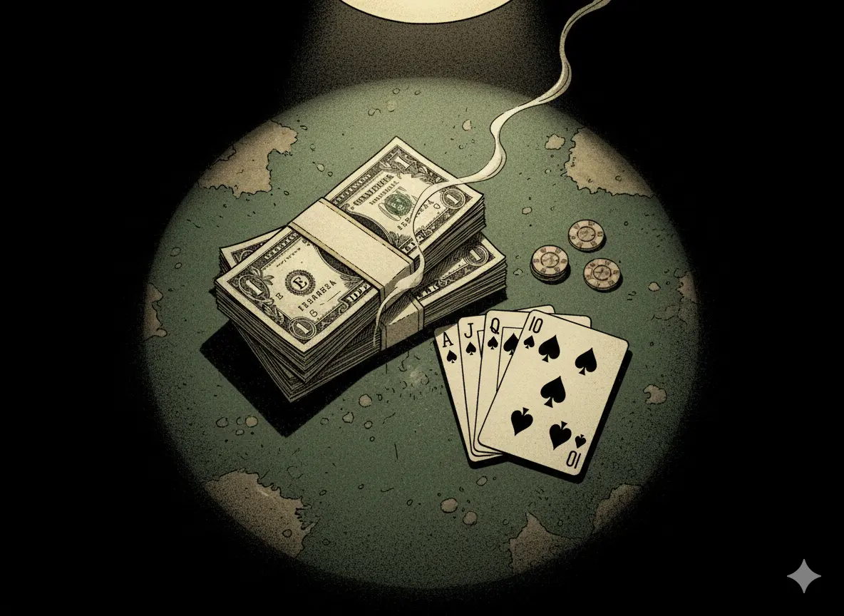 Bodeg&oacute;n noir con dinero y cartas de p&oacute;ker