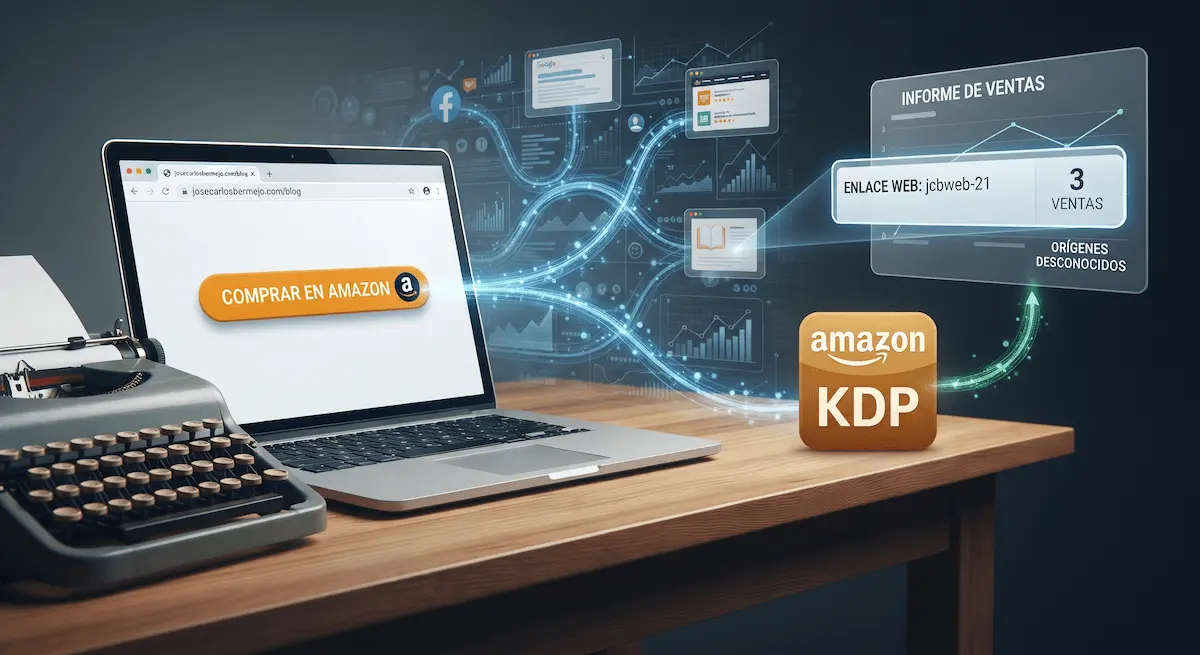 Ordenador portátil en un escritorio mostrando un enlace de compra en Amazon y un panel de seguimiento de ventas web.